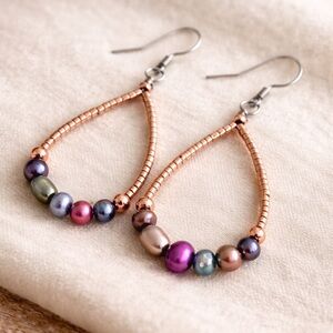 Multi-Pearl Teardrop Hoop Earrings Stainless Steel Ear Hooks, Artisan Crafted